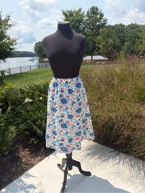 Vintage Handmade Blue Red Floral Cotton A-Line Midi Skirt Elastic Wais